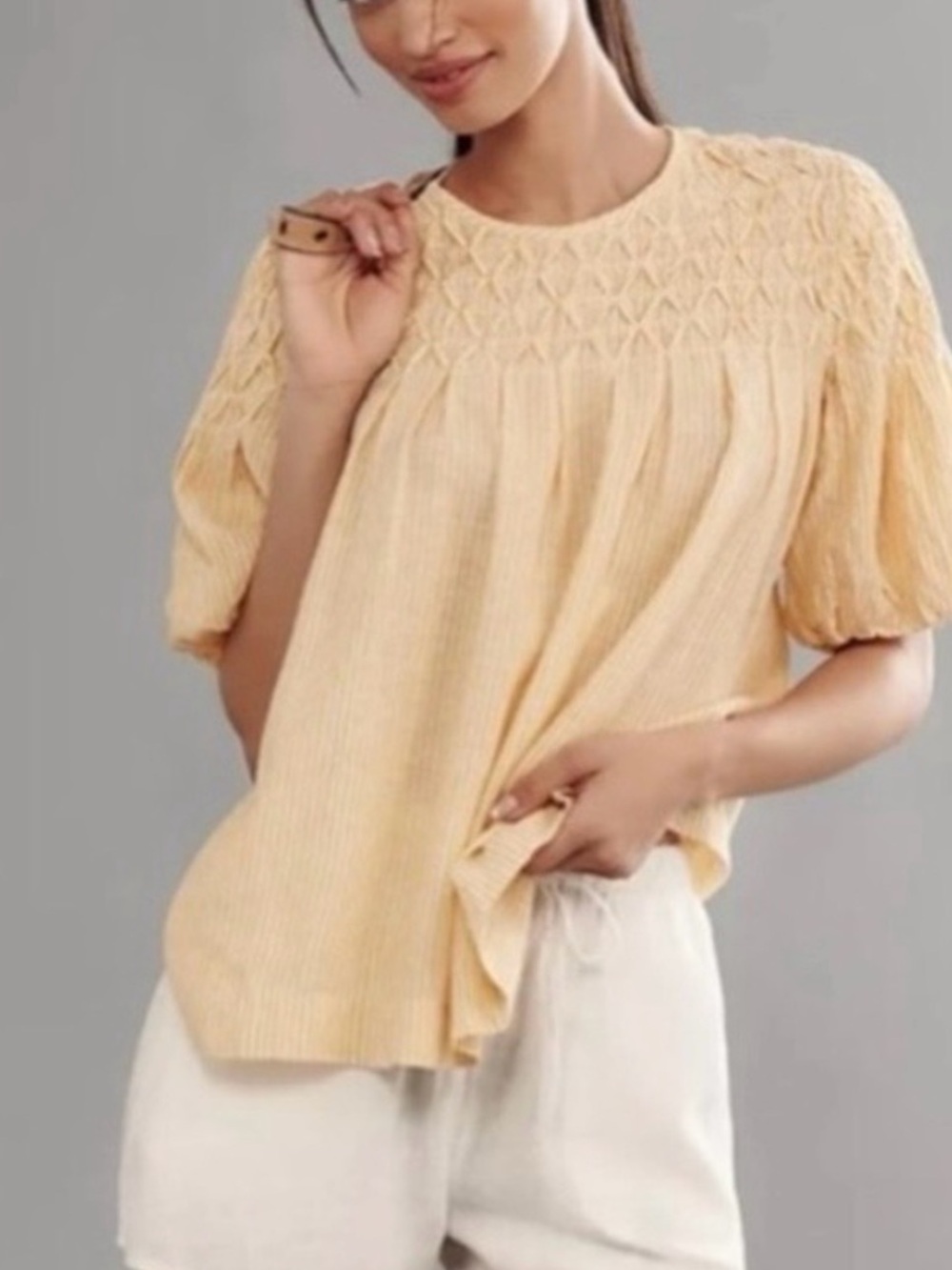 Anthropologie Butter Yellow & White Striped Smocked Puff Sleeve Blouse